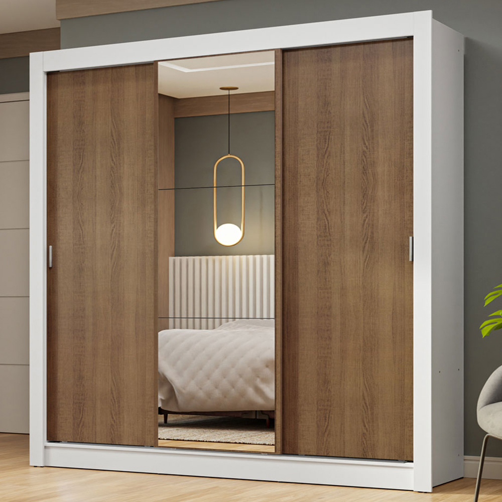 Guarda-Roupa Casal 3 Portas de Correr com Espelho Branco/Rustic Nobre Madesa