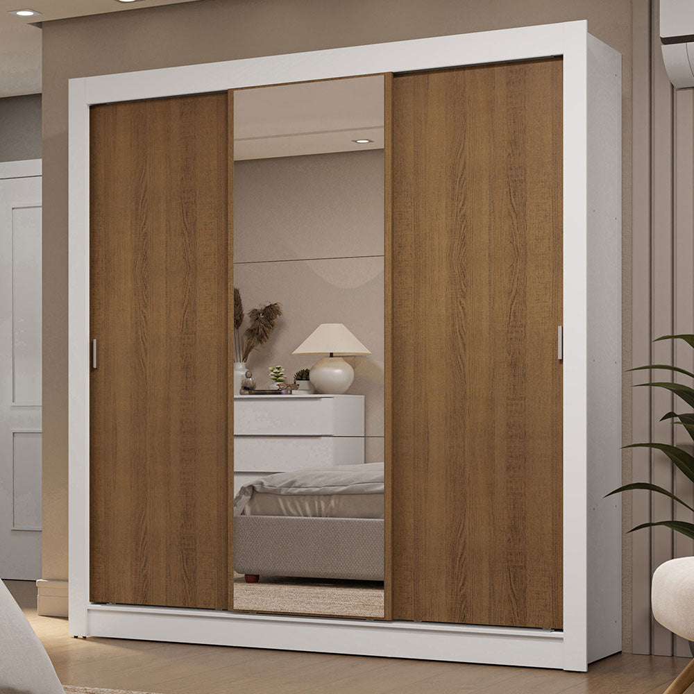 Guarda-Roupa Casal 3 Portas de Correr com Espelho 2 Gavetas Branco/Rustic Sublime Madesa