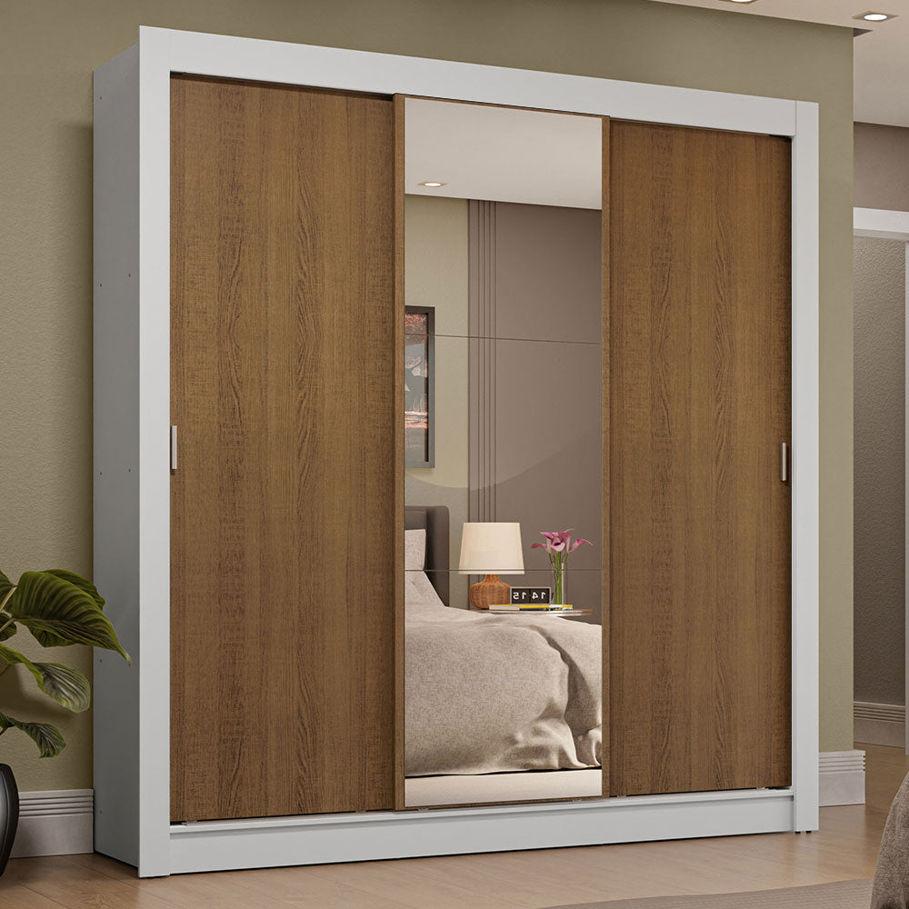 Guarda-Roupa Casal 3 Portas de Correr com Espelho 4 Gavetas Branco/Rustic Sublime Plus Madesa
