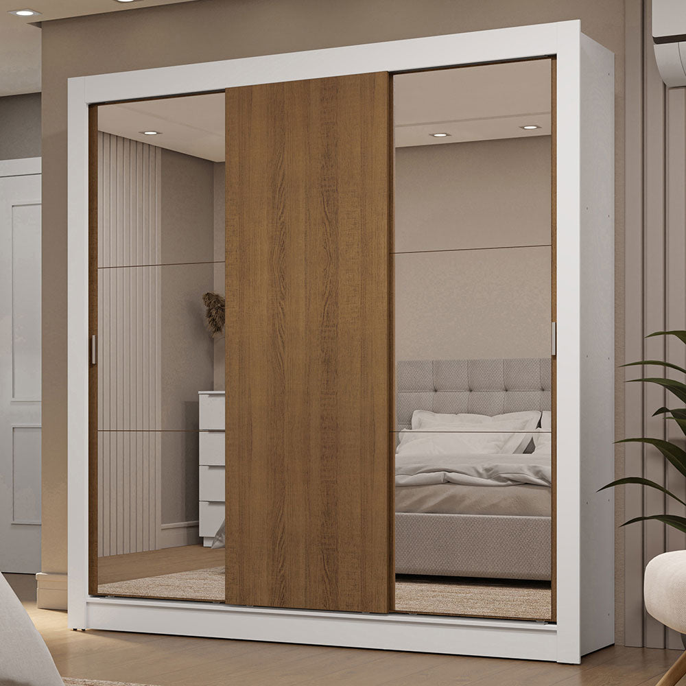 Guarda-Roupa Casal 3 Portas de Correr com Espelhos 2 Gavetas Branco/Rustic Sublime Madesa