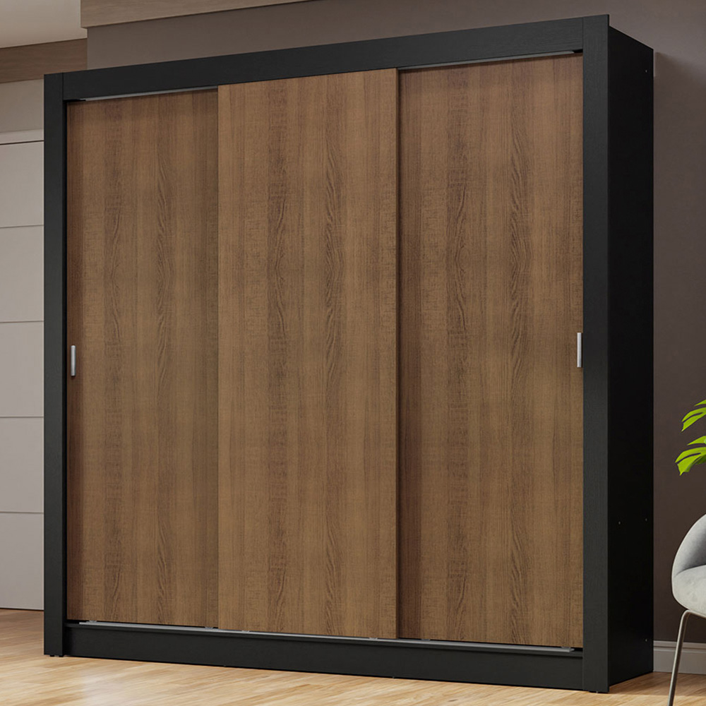 Guarda-Roupa Casal 3 Portas de Correr Preto/Rustic Nobre Madesa