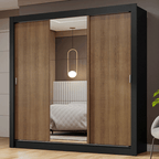 Guarda-Roupa Casal 3 Portas de Correr com Espelho Preto/Rustic Nobre Madesa