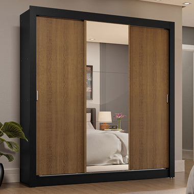 Guarda-Roupa Casal 3 Portas de Correr com Espelho 4 Gavetas Preto/Rustic Sublime Plus Madesa