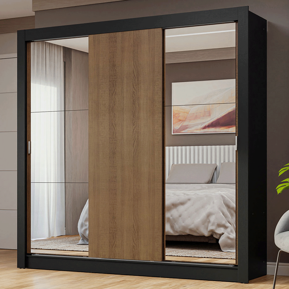 Guarda-Roupa Casal 3 Portas de Correr com Espelhos Preto/Rustic Nobre Madesa