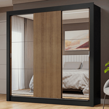 Guarda-Roupa Casal 3 Portas de Correr com Espelhos Preto/Rustic Nobre Madesa