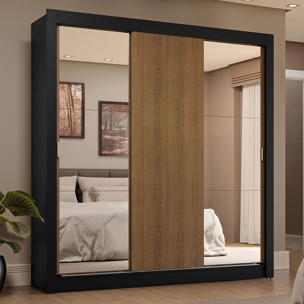 Guarda-Roupa Casal 3 Portas de Correr com Espelhos 4 Gavetas Preto/Rustic Sublime Plus Madesa