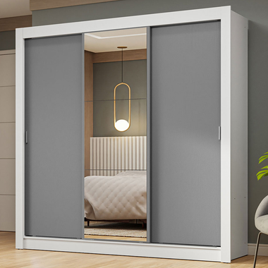 Guarda-Roupa Casal 3 Portas de Correr com Espelho Branco/Cinza Nobre Madesa