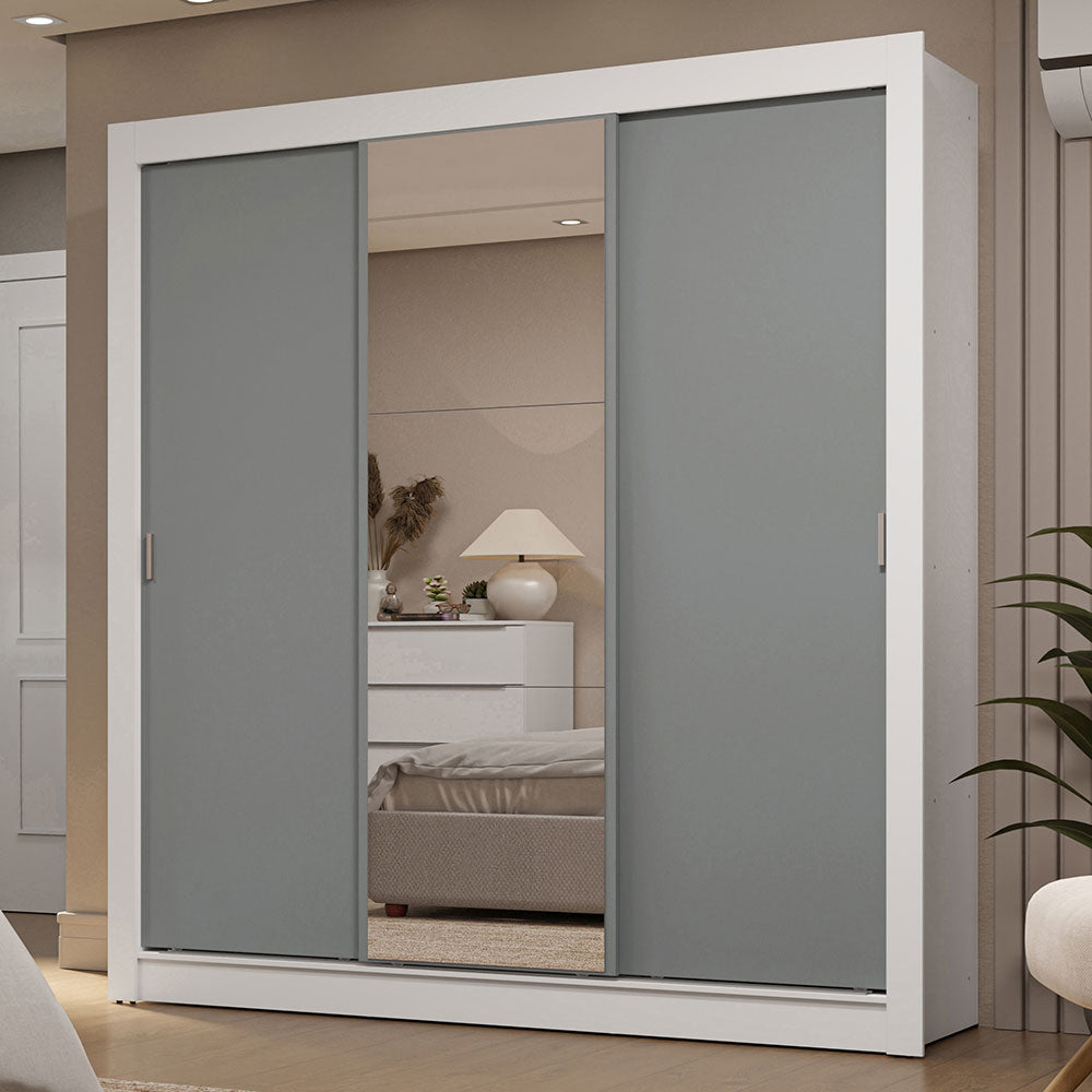 Guarda-Roupa Casal 3 Portas de Correr com Espelho 2 Gavetas Branco/Cinza Sublime Madesa