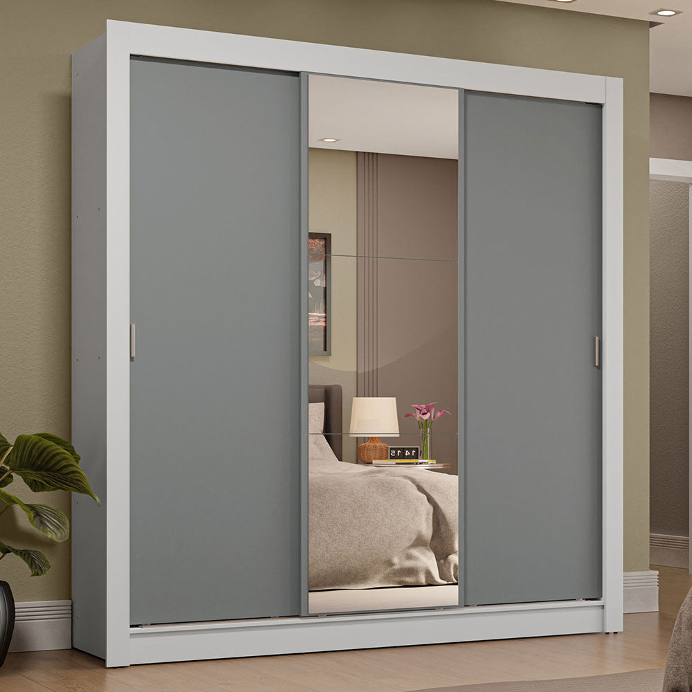 Guarda-Roupa Casal 3 Portas de Correr com Espelho 4 Gavetas Branco/Cinza Sublime Plus Madesa