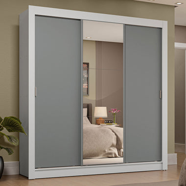 Guarda-Roupa Casal 3 Portas de Correr com Espelho 4 Gavetas Branco/Cinza Sublime Plus Madesa