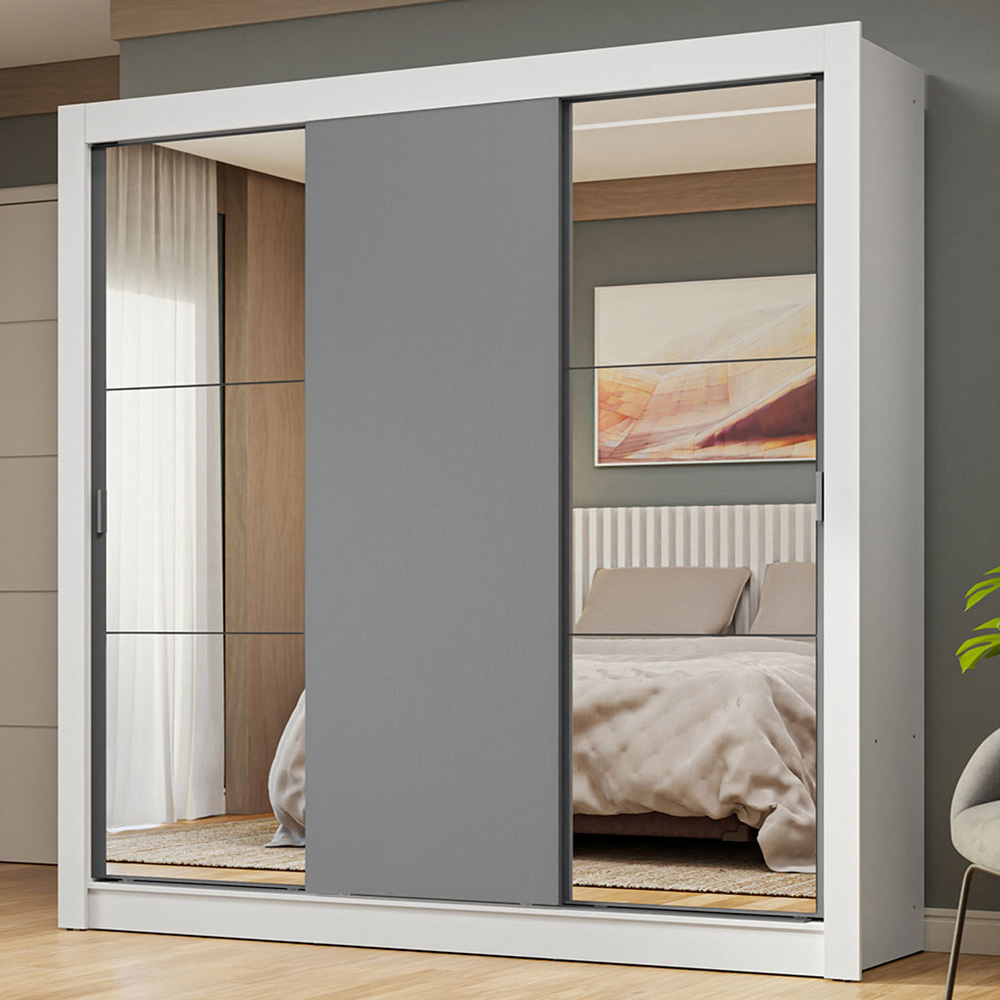 Guarda-Roupa Casal 3 Portas de Correr com Espelhos Branco/Cinza Nobre Madesa