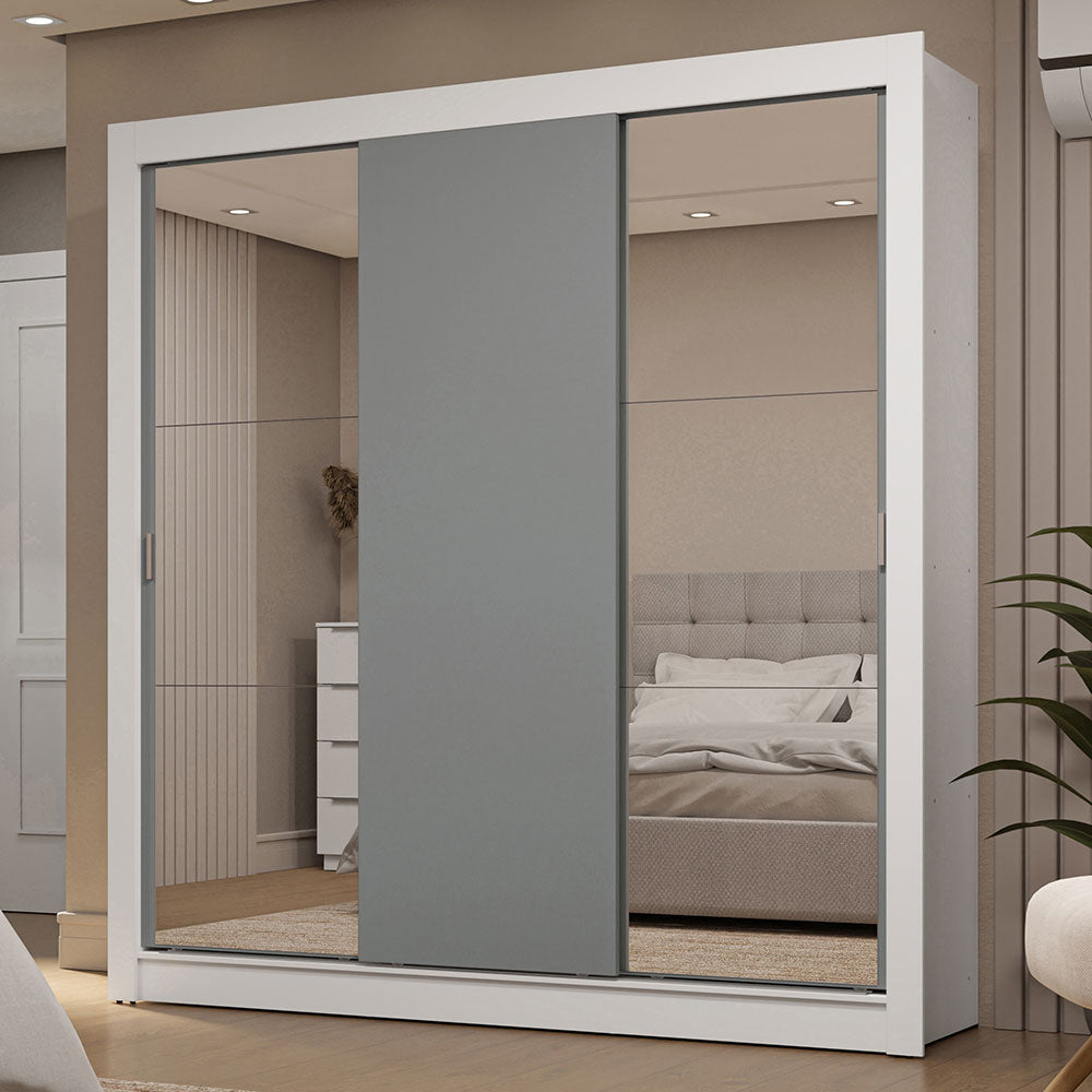 Guarda-Roupa Casal 3 Portas de Correr com Espelhos 2 Gavetas Branco/Cinza Sublime Madesa
