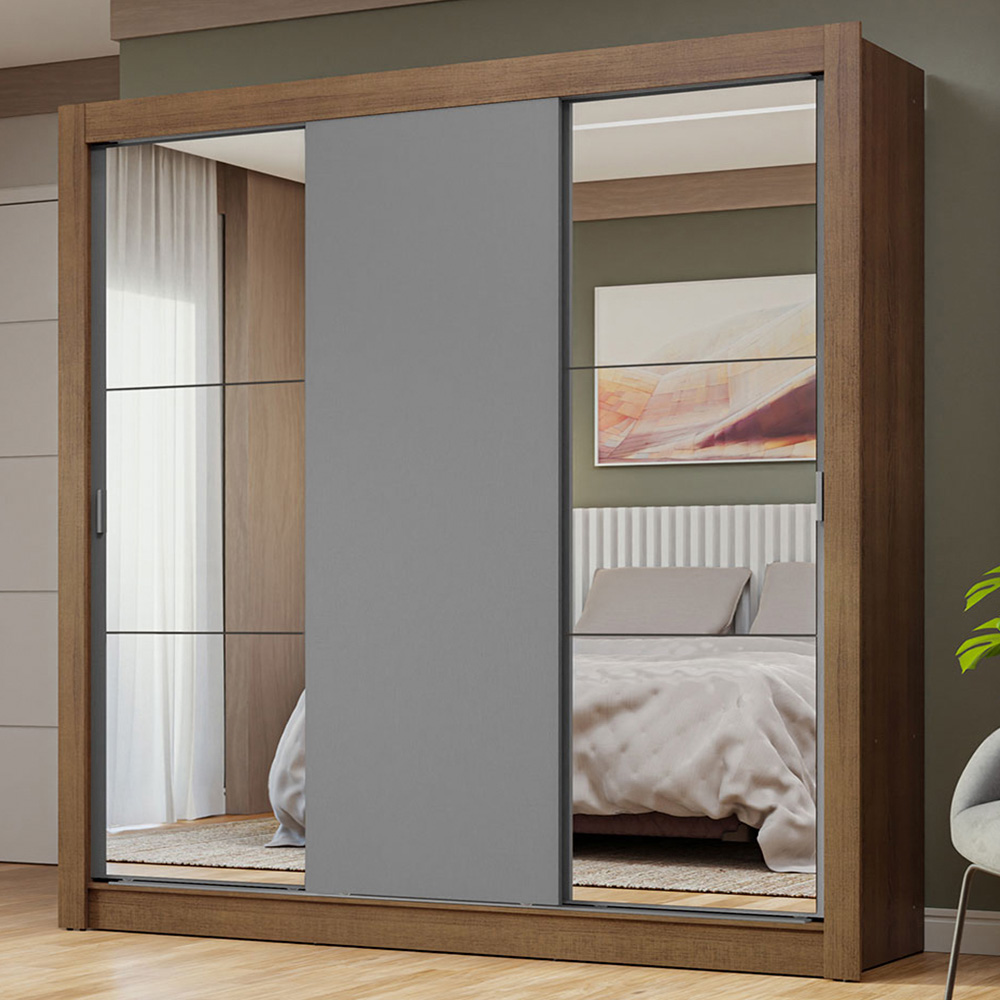 Guarda-Roupa Casal 3 Portas de Correr com Espelhos Rustic/Cinza Nobre Madesa