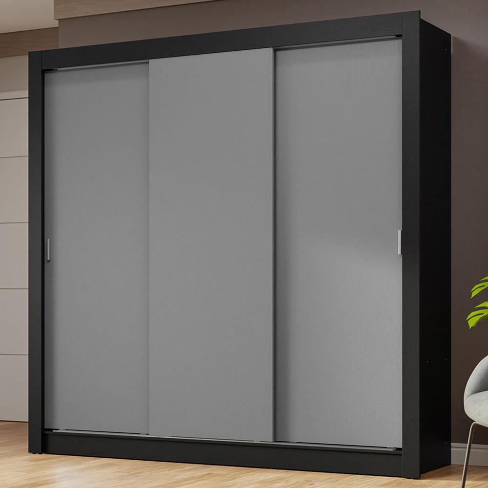 Guarda-Roupa Casal 3 Portas de Correr Preto/Cinza Nobre Madesa
