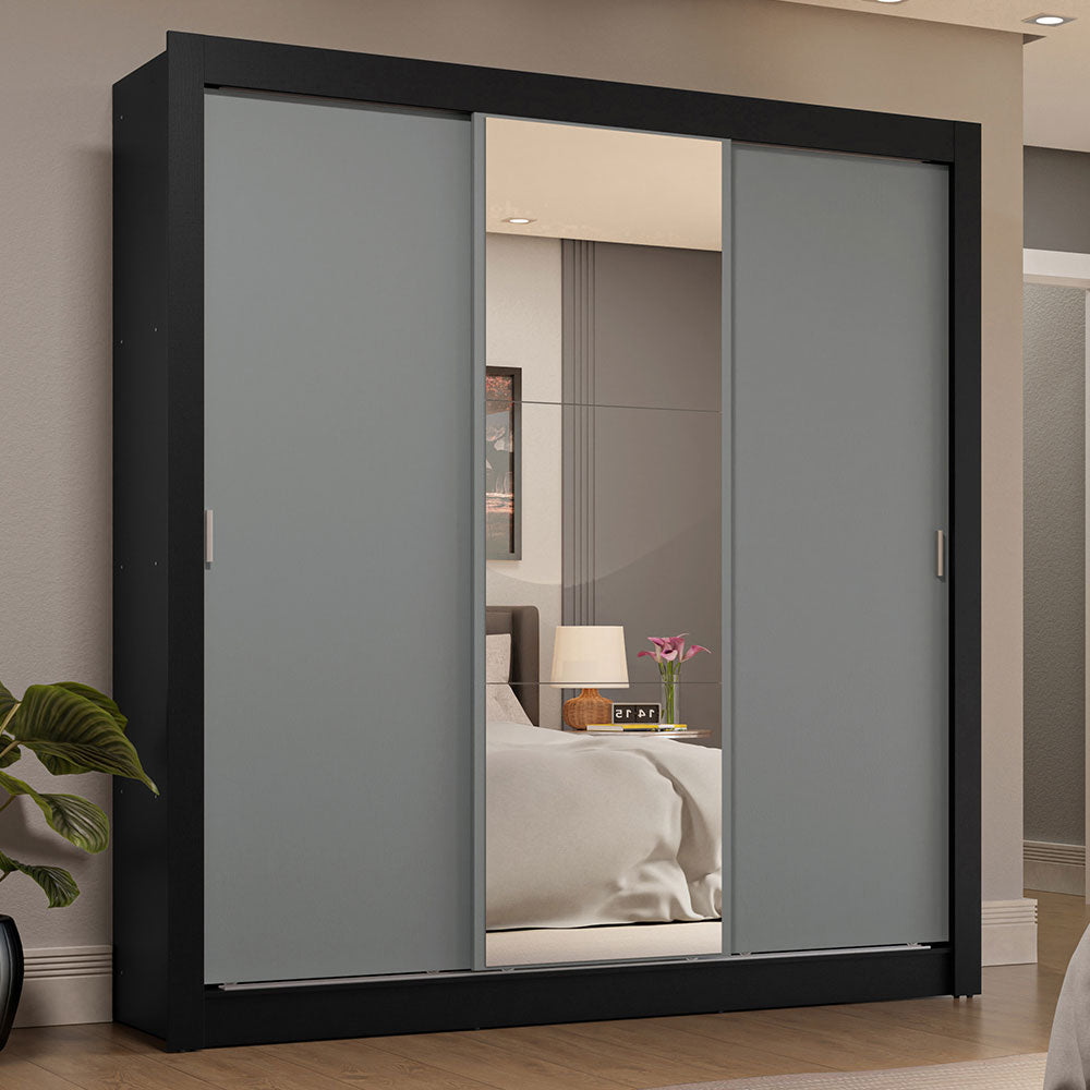 Guarda-Roupa Casal 3 Portas de Correr com Espelho 4 Gavetas Preto/Cinza Sublime Plus Madesa