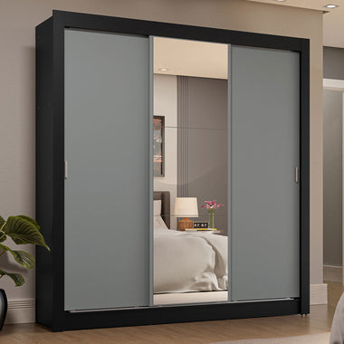 Guarda-Roupa Casal 3 Portas de Correr com Espelho 4 Gavetas Preto/Cinza Sublime Plus Madesa