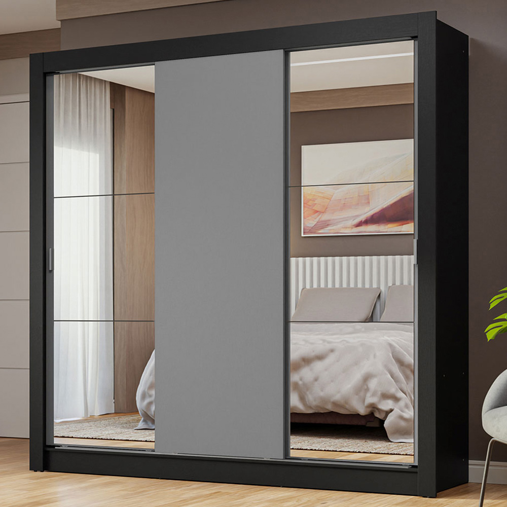 Guarda-Roupa Casal 3 Portas de Correr com Espelhos Preto/Cinza Nobre Madesa
