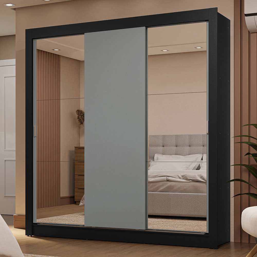 Guarda-Roupa Casal 3 Portas de Correr com Espelhos 2 Gavetas Preto/Cinza Sublime Madesa