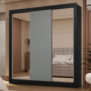 Guarda-Roupa Casal 3 Portas de Correr com Espelhos 2 Gavetas Preto/Cinza Sublime Madesa