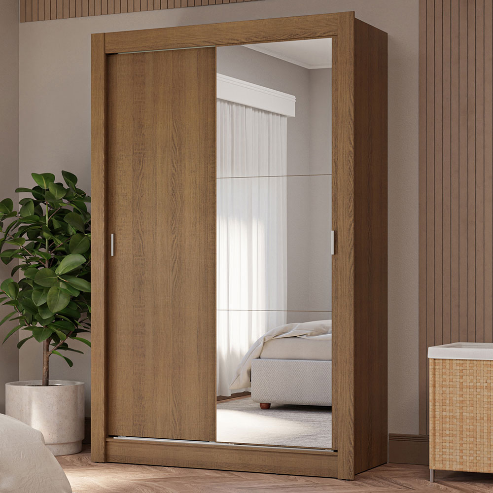 Guarda-Roupa Solteiro 2 Portas de Correr com Espelho 4 Gavetas Rustic Vivare Plus Madesa