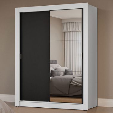 Guarda-Roupa Solteiro 2 Portas de Correr com Espelho Branco/Preto Milano Madesa