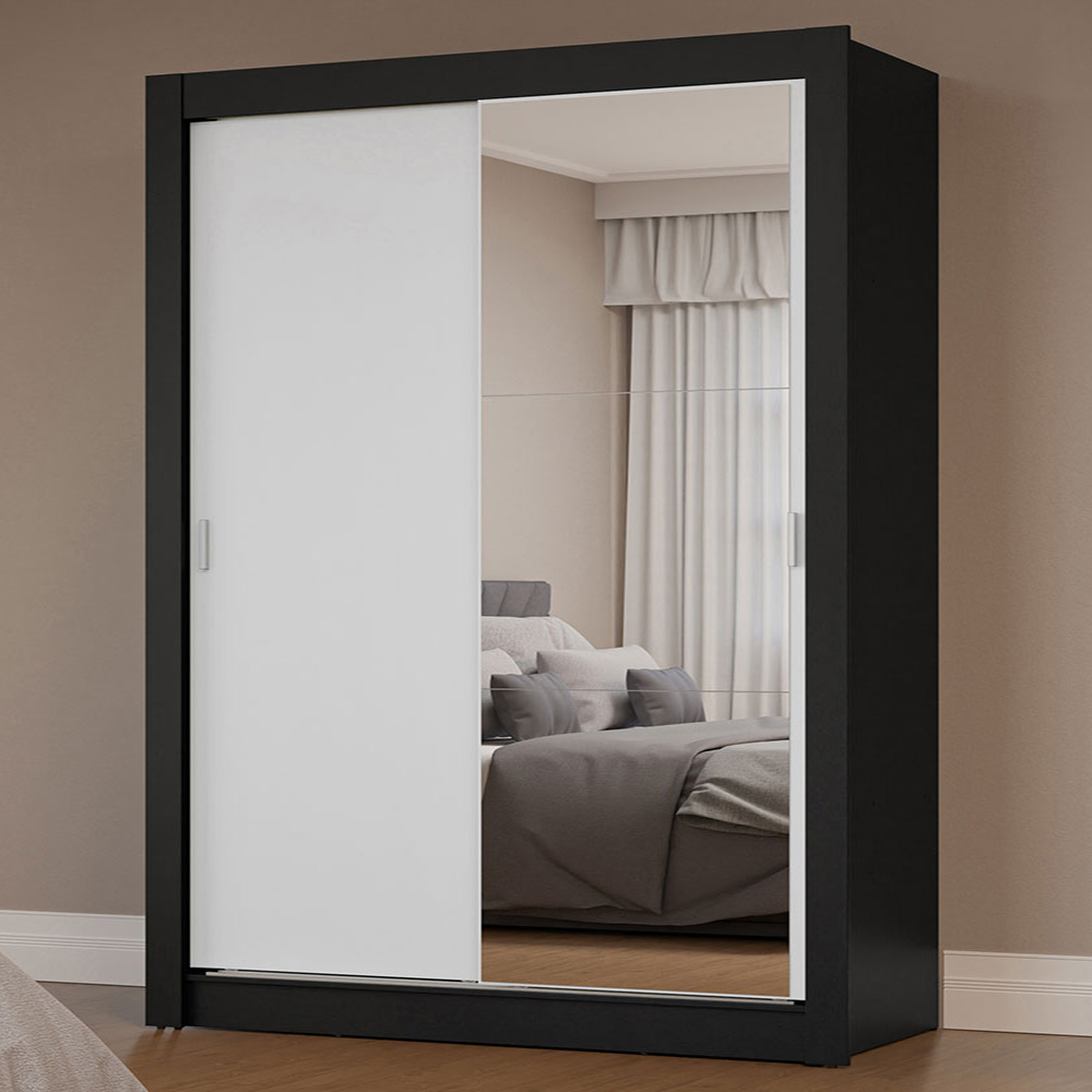 Guarda-Roupa Solteiro 2 Portas de Correr com Espelho Preto/Branco Milano Madesa