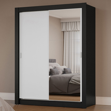 Guarda-Roupa Solteiro 2 Portas de Correr com Espelho Preto/Branco Milano Madesa