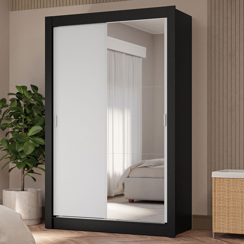 Guarda-Roupa Solteiro 2 Portas de Correr com Espelho 4 Gavetas Preto/Branco Vivare Plus Madesa
