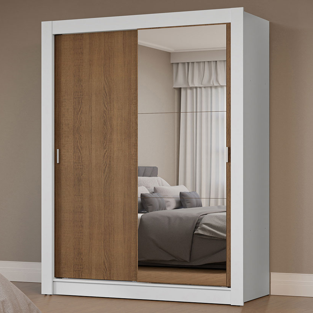 Guarda-Roupa Solteiro 2 Portas de Correr com Espelho Branco/Rustic Milano Madesa