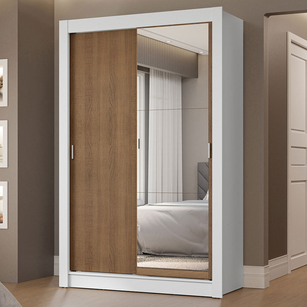 Guarda-Roupa Solteiro 2 Portas de Correr com Espelho 2 Gavetas Branco/Rustic Vivare Madesa