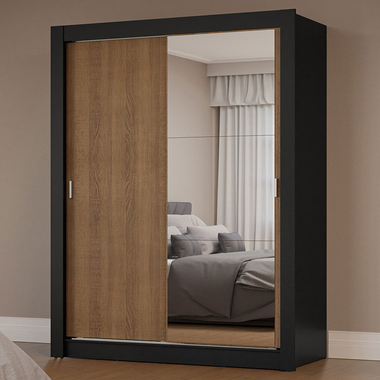 Guarda-Roupa Solteiro 2 Portas de Correr com Espelho Preto/Rustic Milano Madesa
