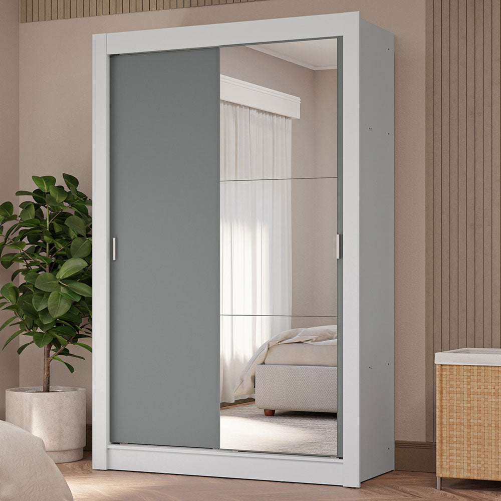 Guarda-Roupa Solteiro 2 Portas de Correr com Espelho 4 Gavetas Branco/Cinza Vivare Plus Madesa