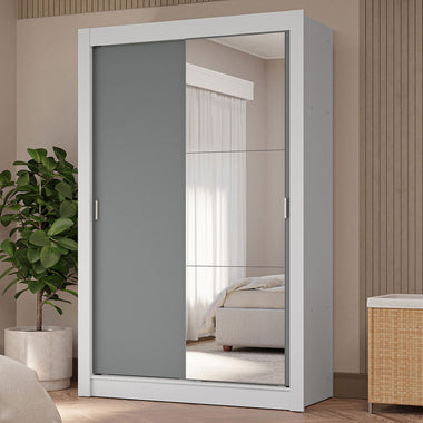 Guarda-Roupa Solteiro 2 Portas de Correr com Espelho 4 Gavetas Branco/Cinza Vivare Plus Madesa