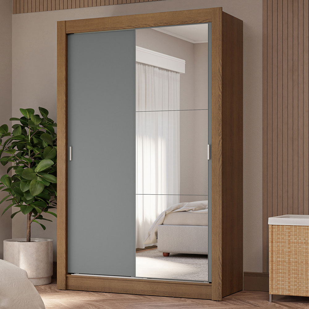 Guarda-Roupa Solteiro 2 Portas de Correr com Espelho 4 Gavetas Rustic/Cinza Vivare Plus Madesa