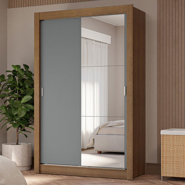 Guarda-Roupa Solteiro 2 Portas de Correr com Espelho 4 Gavetas Rustic/Cinza Vivare Plus Madesa