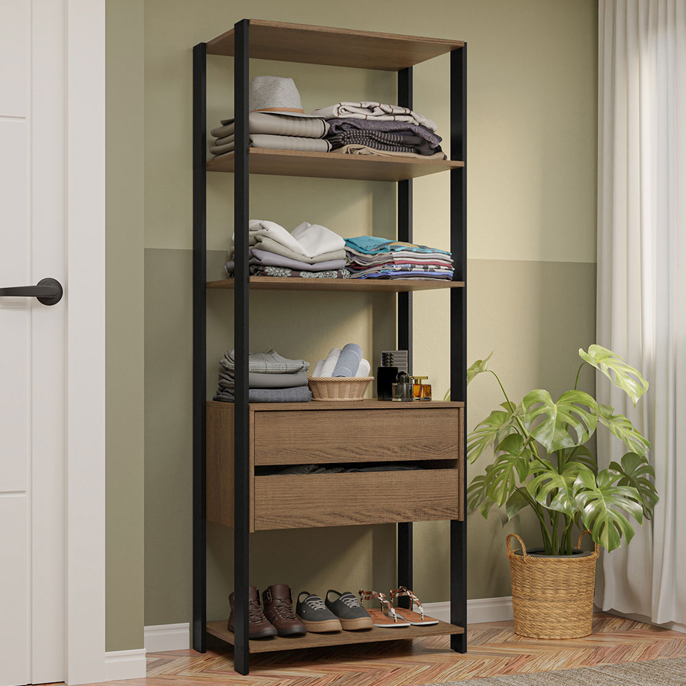 Guarda-Roupa Closet Modulado 2 Gavetas 4 Prateleiras 70cm Rustic/Preto Valencia Madesa