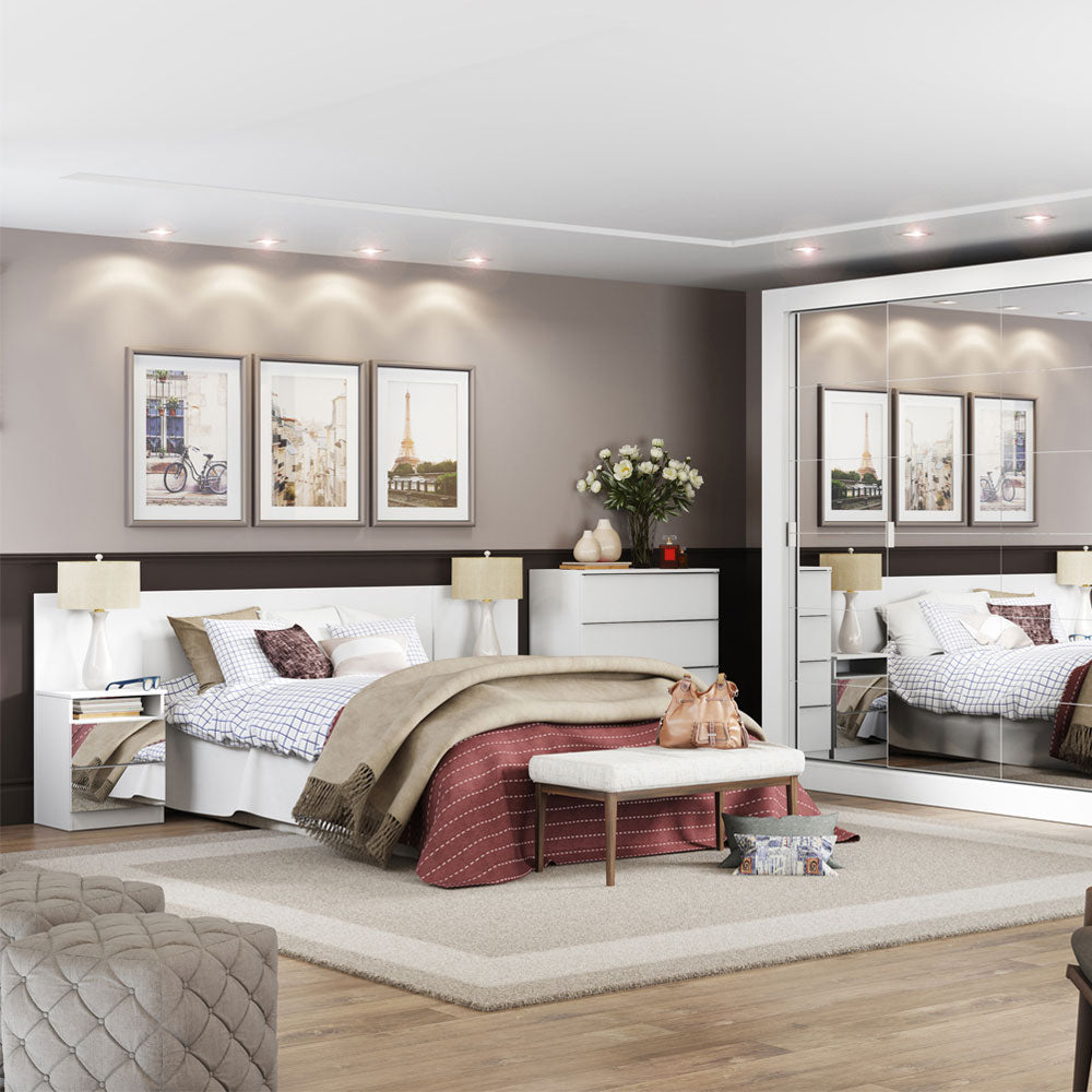 Cabeceira Extensível Madesa com 2 Mesas de Cabeceira com Espelho Branco