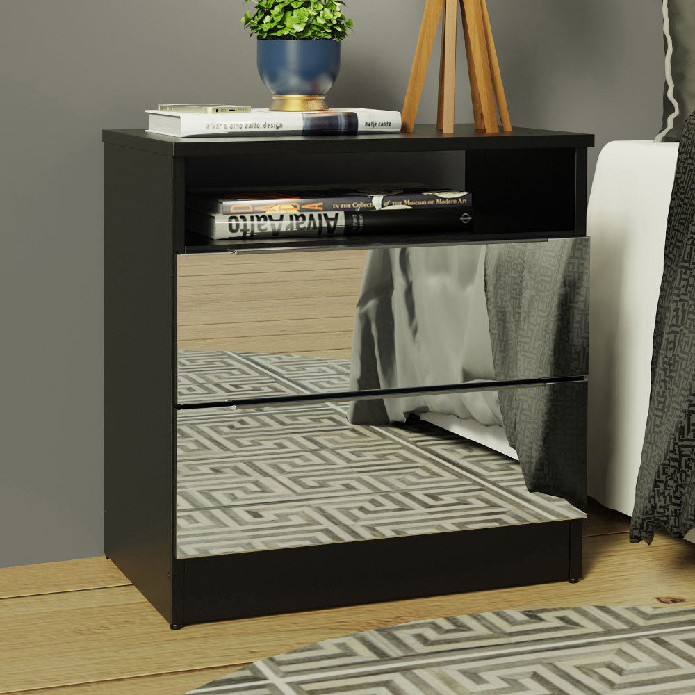 Mesa de Cabeceira Madesa 3227 2 Gavetas com Espelho Preto