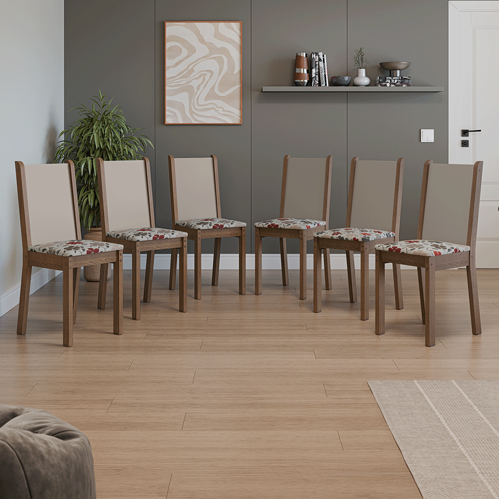 Kit 6 Cadeiras 4291 Madesa Rustic/Crema/Hibiscos