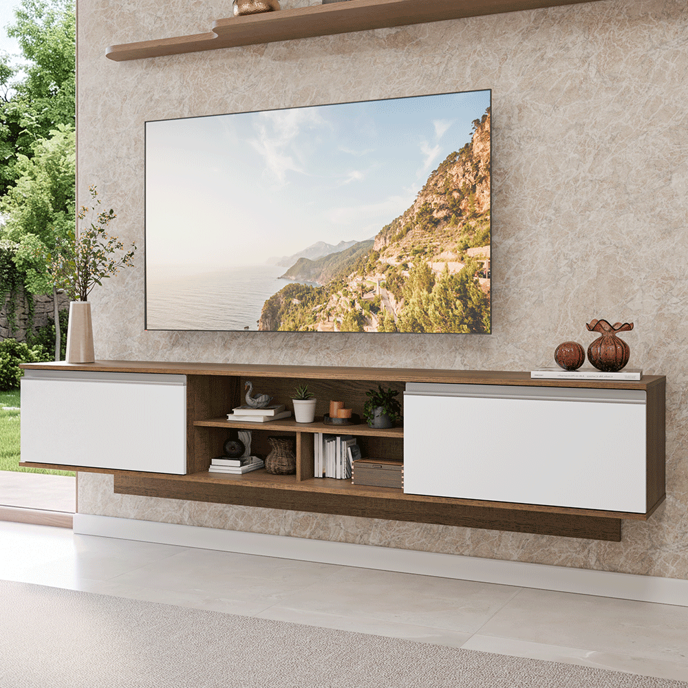 Rack Suspenso para TV até 80 Polegadas 218 cm 2 Portas Rustic/Branco Glamy Madesa