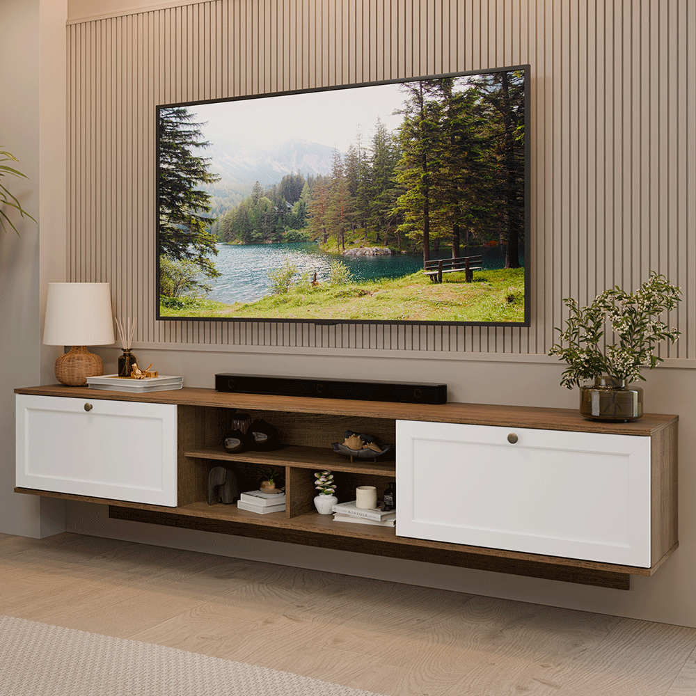 Rack Suspenso para TV até 80 Polegadas 218 cm 2 Portas Rustic/Branco Vik Madesa
