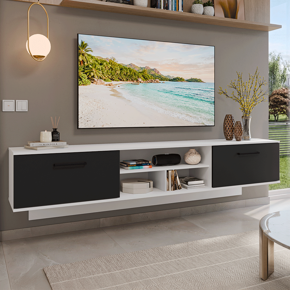 Rack Suspenso para TV até 80 Polegadas 218 cm 2 Portas Branco/Preto Agata Madesa