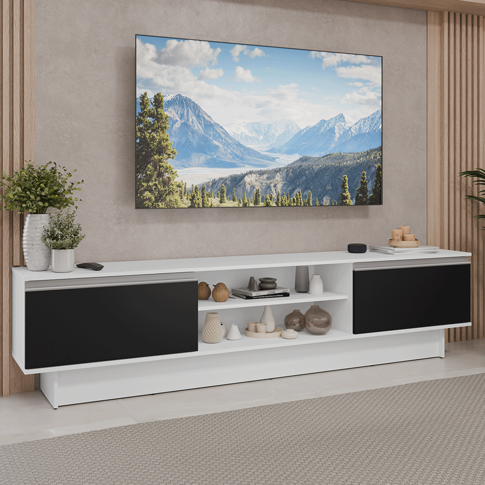 Rack para TV até 80 Polegadas 218 cm 2 Portas Branco/Preto Glamy Madesa