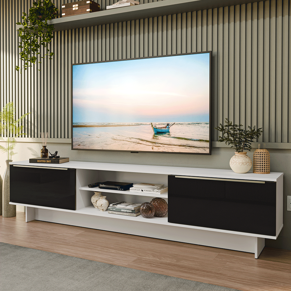 Rack para TV até 80 Polegadas 218 cm 2 Portas Branco/Preto Lux Madesa