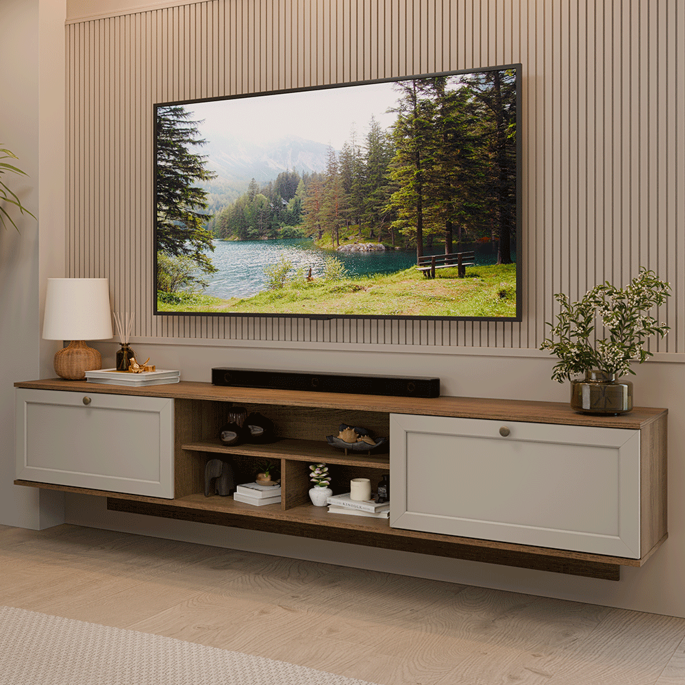 Rack Suspenso para TV até 80 Polegadas 218 cm 2 Portas Rustic/Crema Vik Madesa