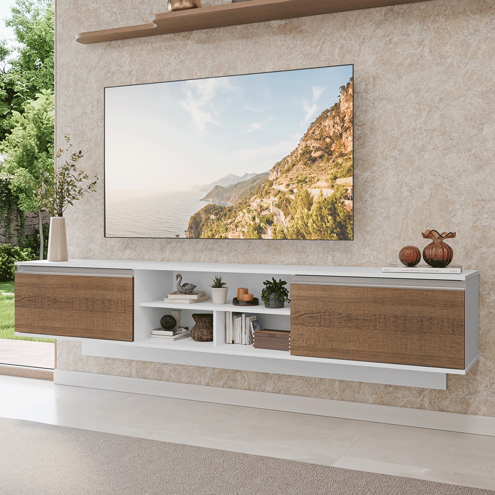Rack Suspenso para TV até 80 Polegadas 218 cm 2 Portas Branco/Rustic Glamy Madesa