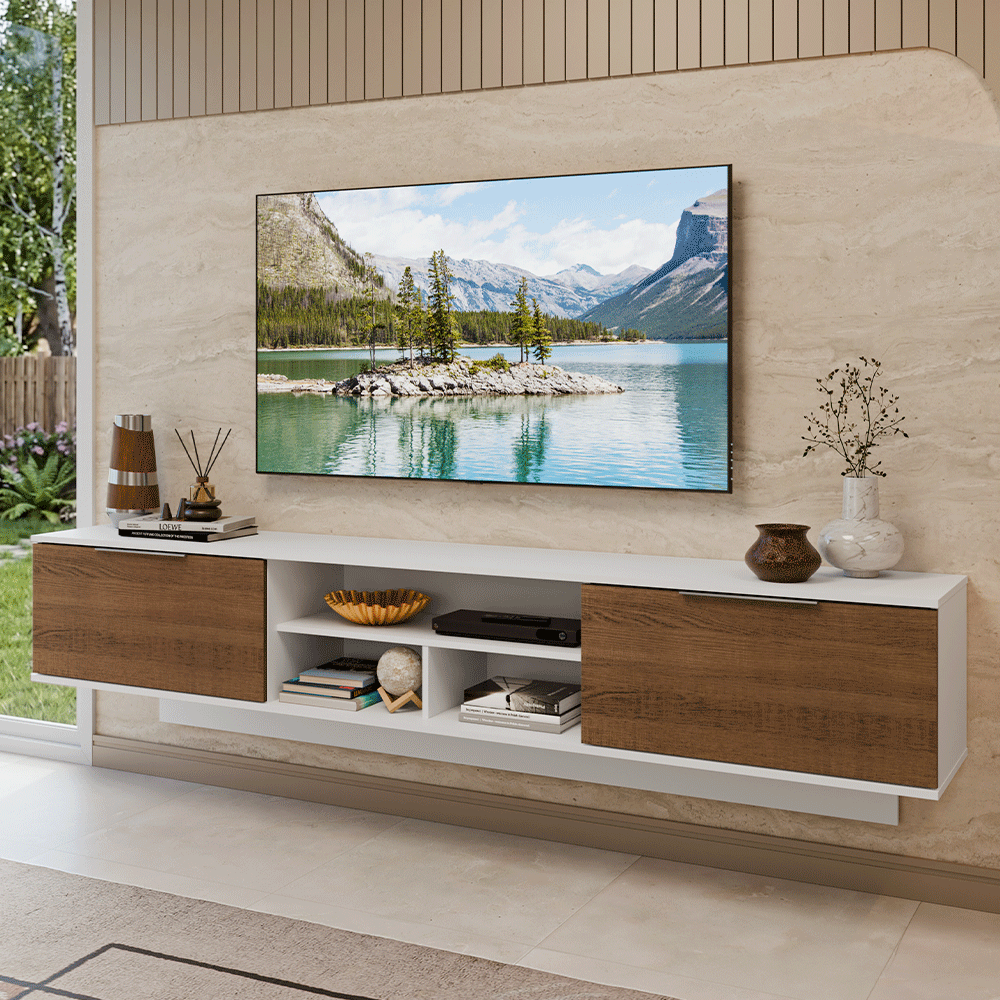 Rack Suspenso para TV até 80 Polegadas 218 cm 2 Portas Branco/Rustic Stella Madesa