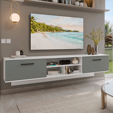 Rack Suspenso para TV até 80 Polegadas 218 cm 2 Portas Branco/Cinza Agata Madesa