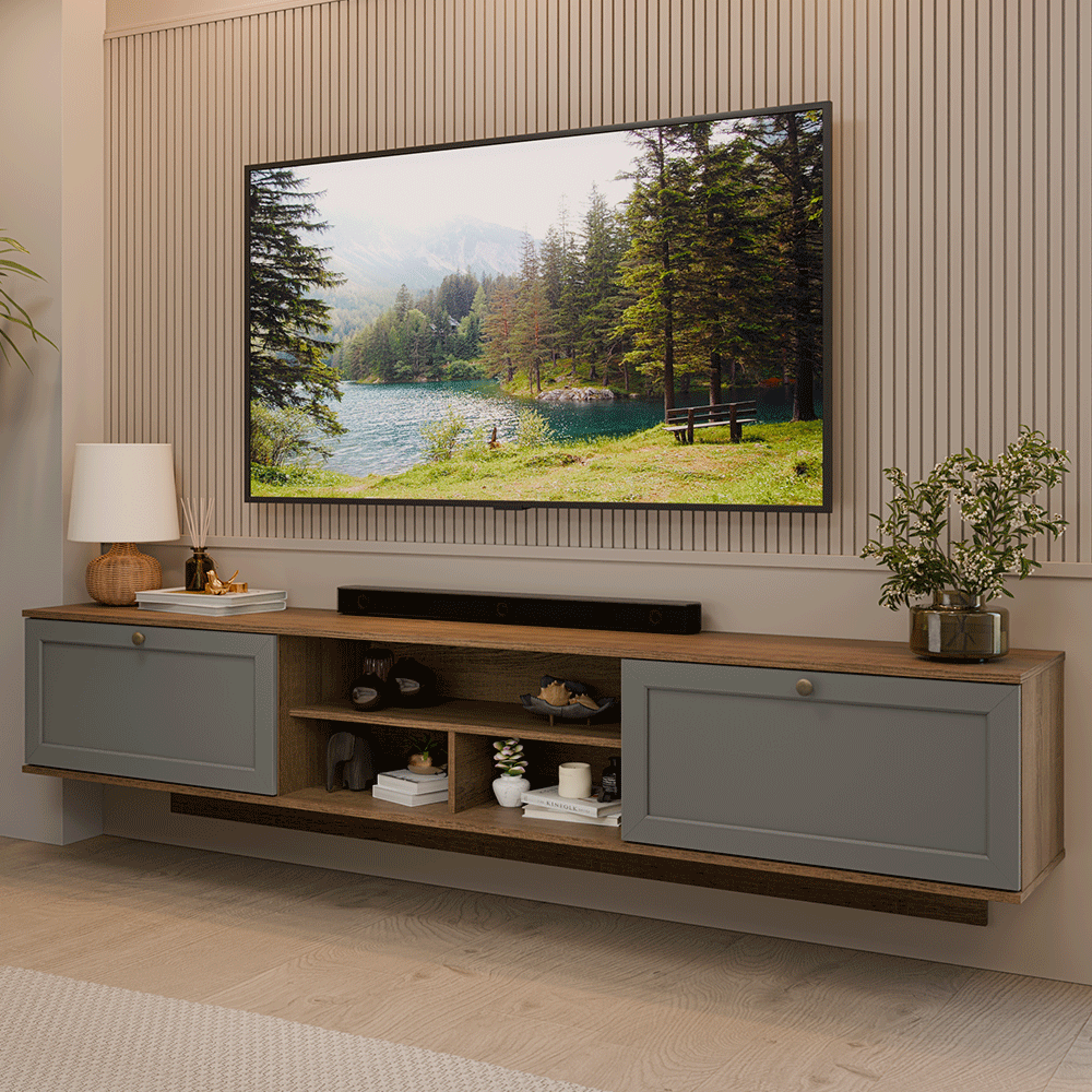 Rack Suspenso para TV até 80 Polegadas 218 cm 2 Portas Rustic/Cinza Vik Madesa