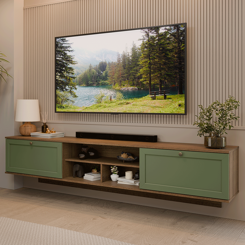 Rack Suspenso para TV até 80 Polegadas 218 cm 2 Portas Rustic/Verde Vik Madesa